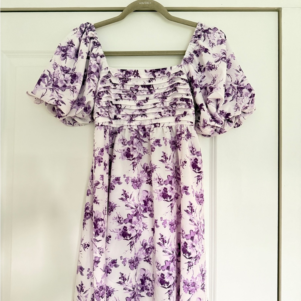 SHEIN Purple and White Ruffled Puff Sleeve Midi Dress